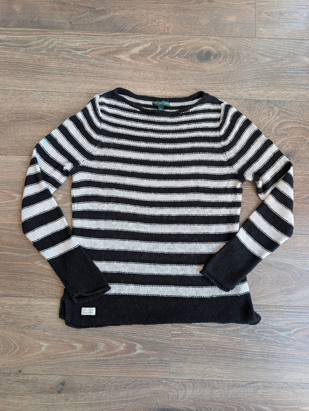 Lauren Jeans Co RL Black White Striped Linen Cotton Sweater L Coastal